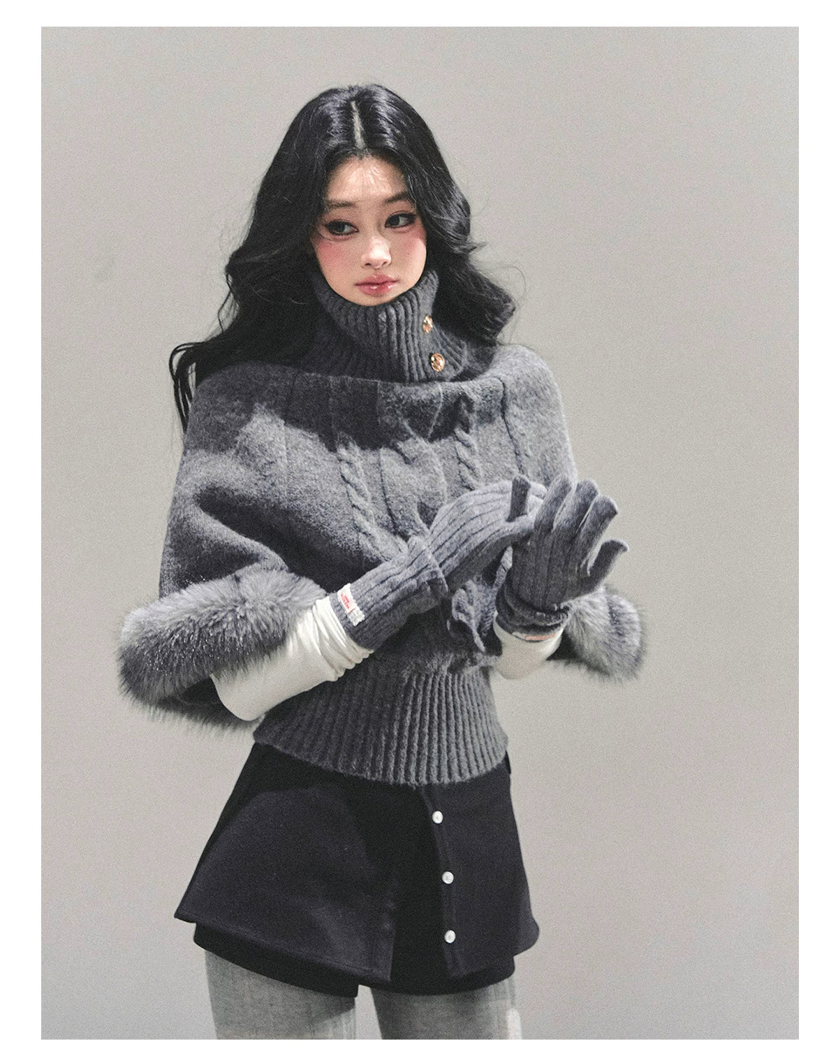 High-Neck Cable Knit Sweater