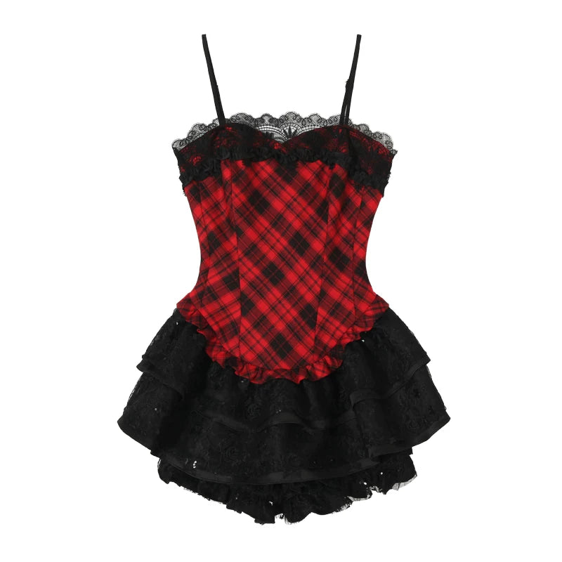 Plaid Puff Dress with Lace Overlay Set