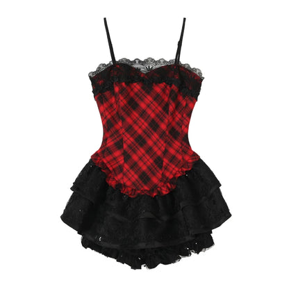 Plaid Puff Dress with Lace Overlay Set