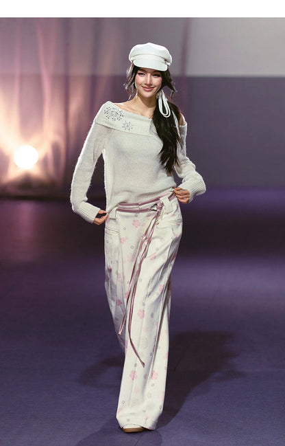 Floral Satin Wide-Leg Tailored Trousers