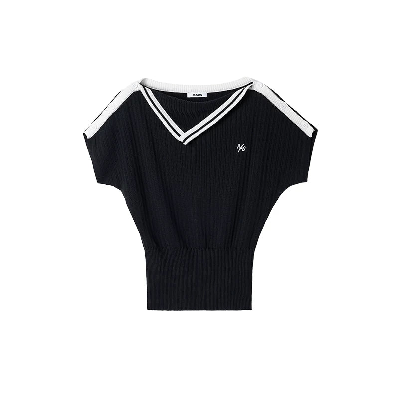 Asymmetric Off-Shoulder Contrast Trim Cinched Tee