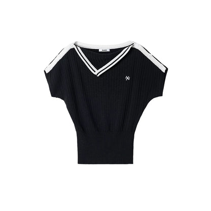 Asymmetric Off-Shoulder Contrast Trim Cinched Tee