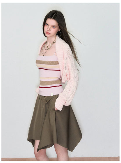 Knit Cardigan &amp; Striped Camisole Two-Piece Set