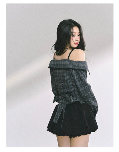 Off-Shoulder Plaid Long-Sleeve Shirt