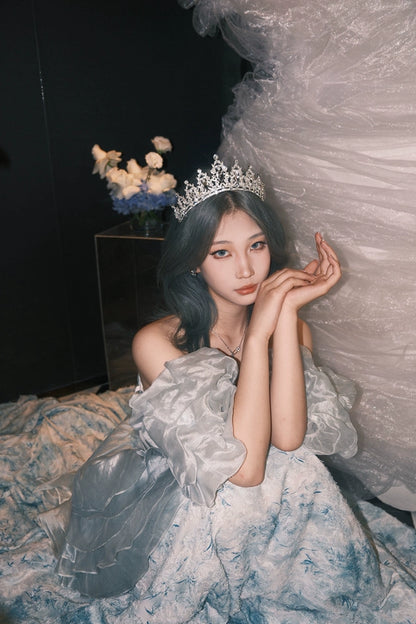 GULI Aqua Floral Tulle Gown with Ruffled Sleeves