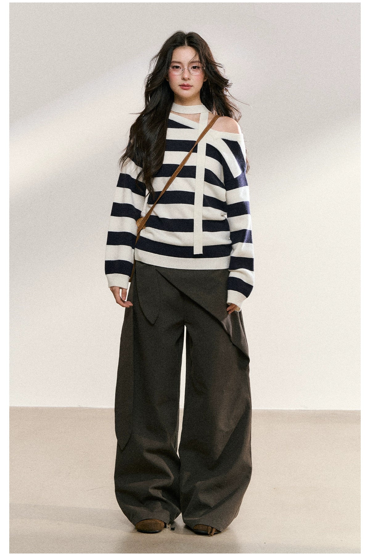 Gray Drape Wide-Leg Asymmetric Trousers