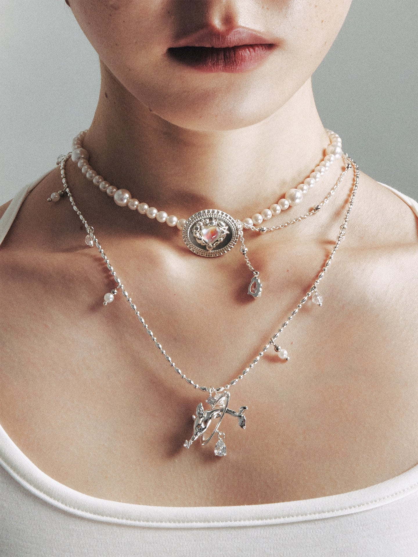 Silver Opal Heart &amp; Pearl Necklace