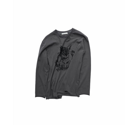 Vintage Cat &amp; Dog Print Distressed Long-Sleeve Tee