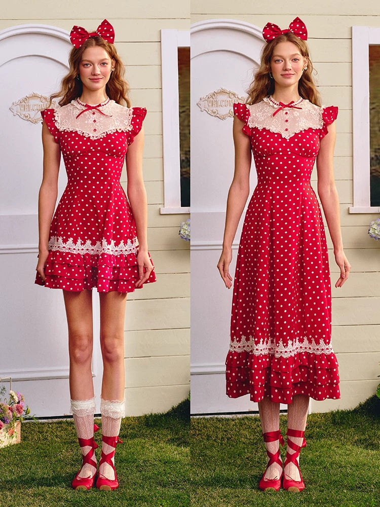 Red Sweet Collegiate Polka Dot Lace Dress