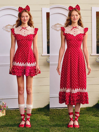 Red Sweet Collegiate Polka Dot Lace Dress