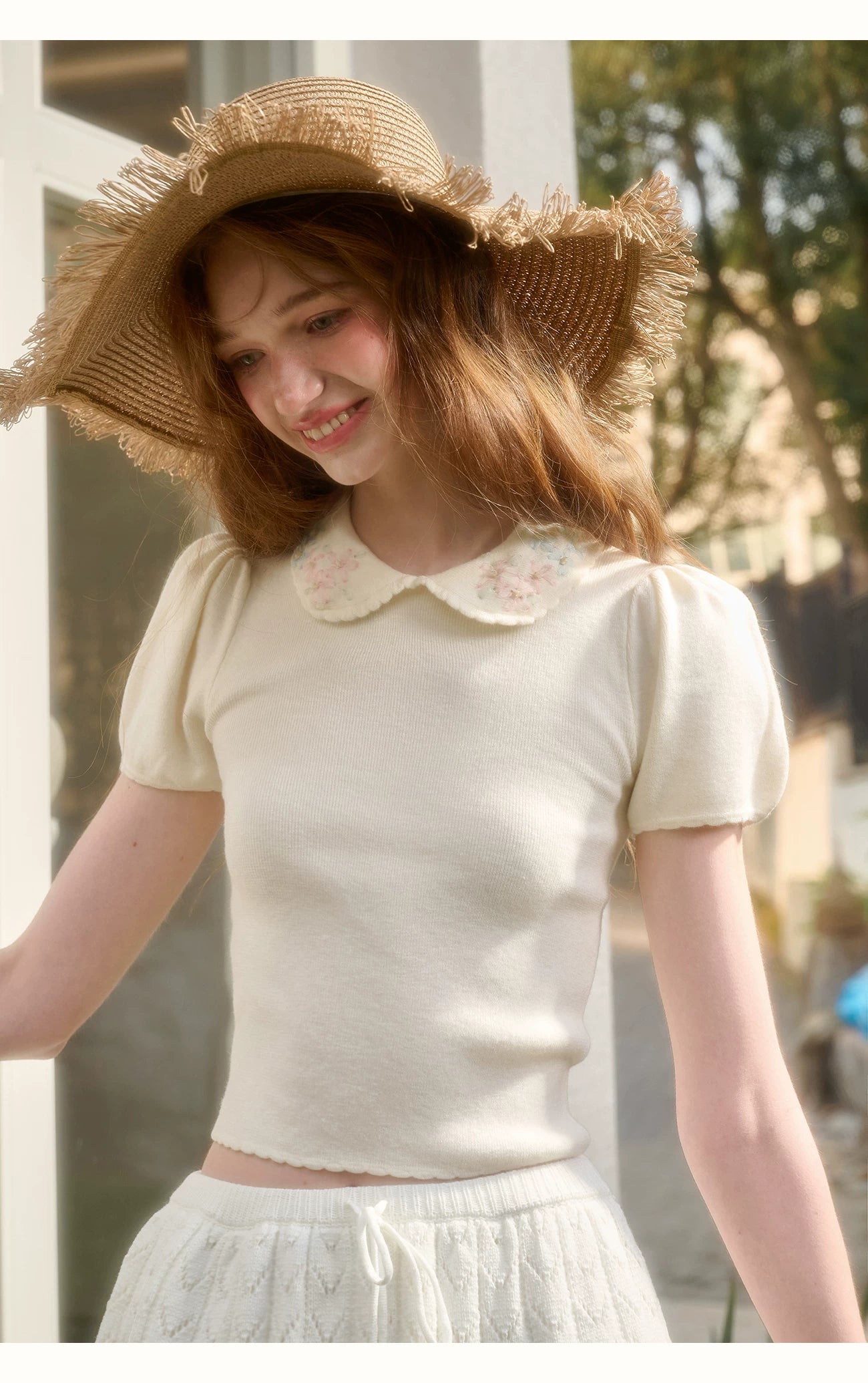 Frozen Flower Ribbon Embroidered Knit Top