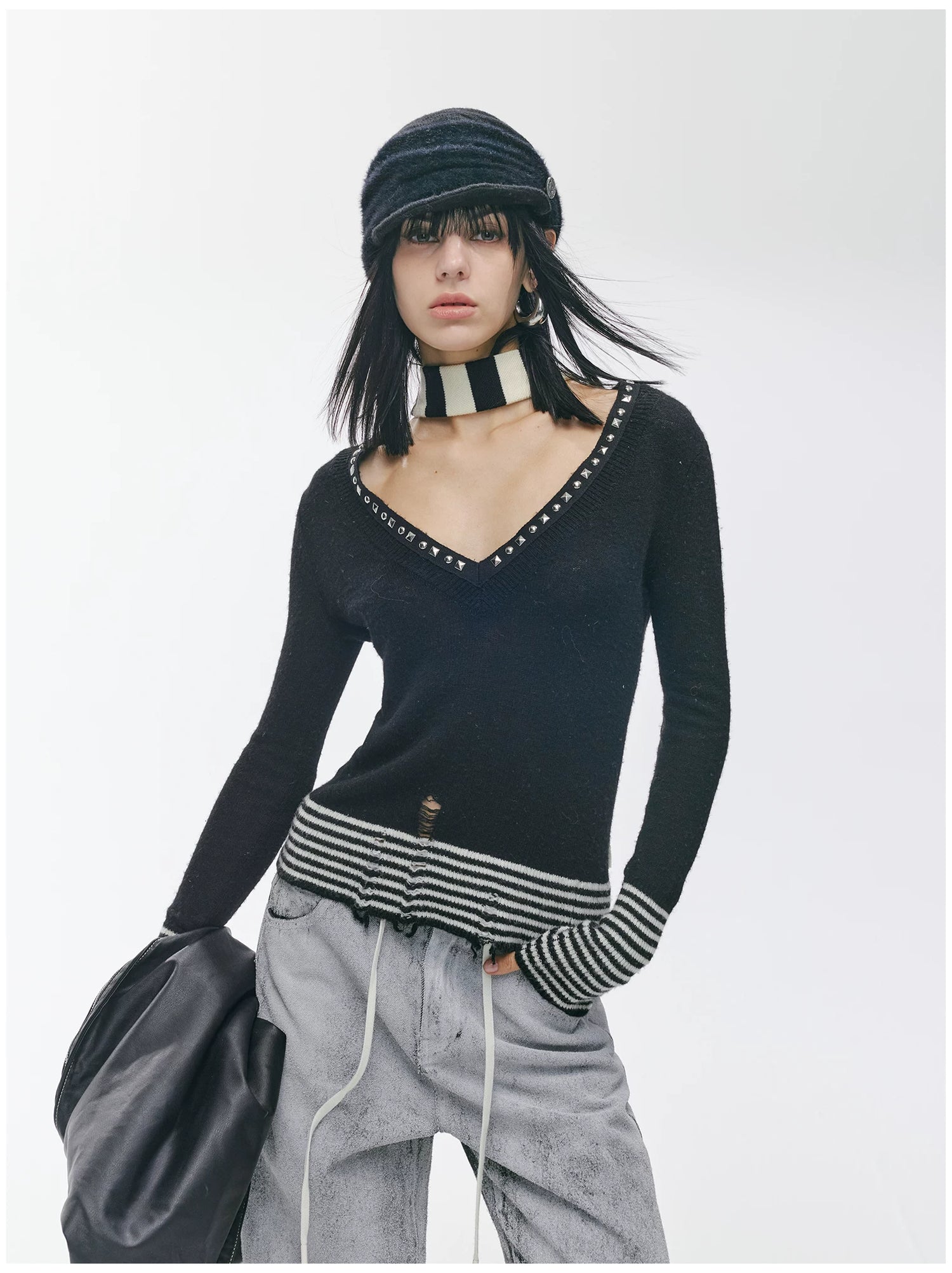 Striped Panel Slim-Fit Wool Knit Top