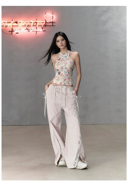 Pink Lace Patchwork Casual Cargo Pants