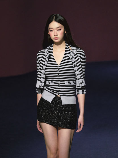 Contrast Stripe Halter Camisole Tank Top &amp; Cardigan Set - CHINASQUAD