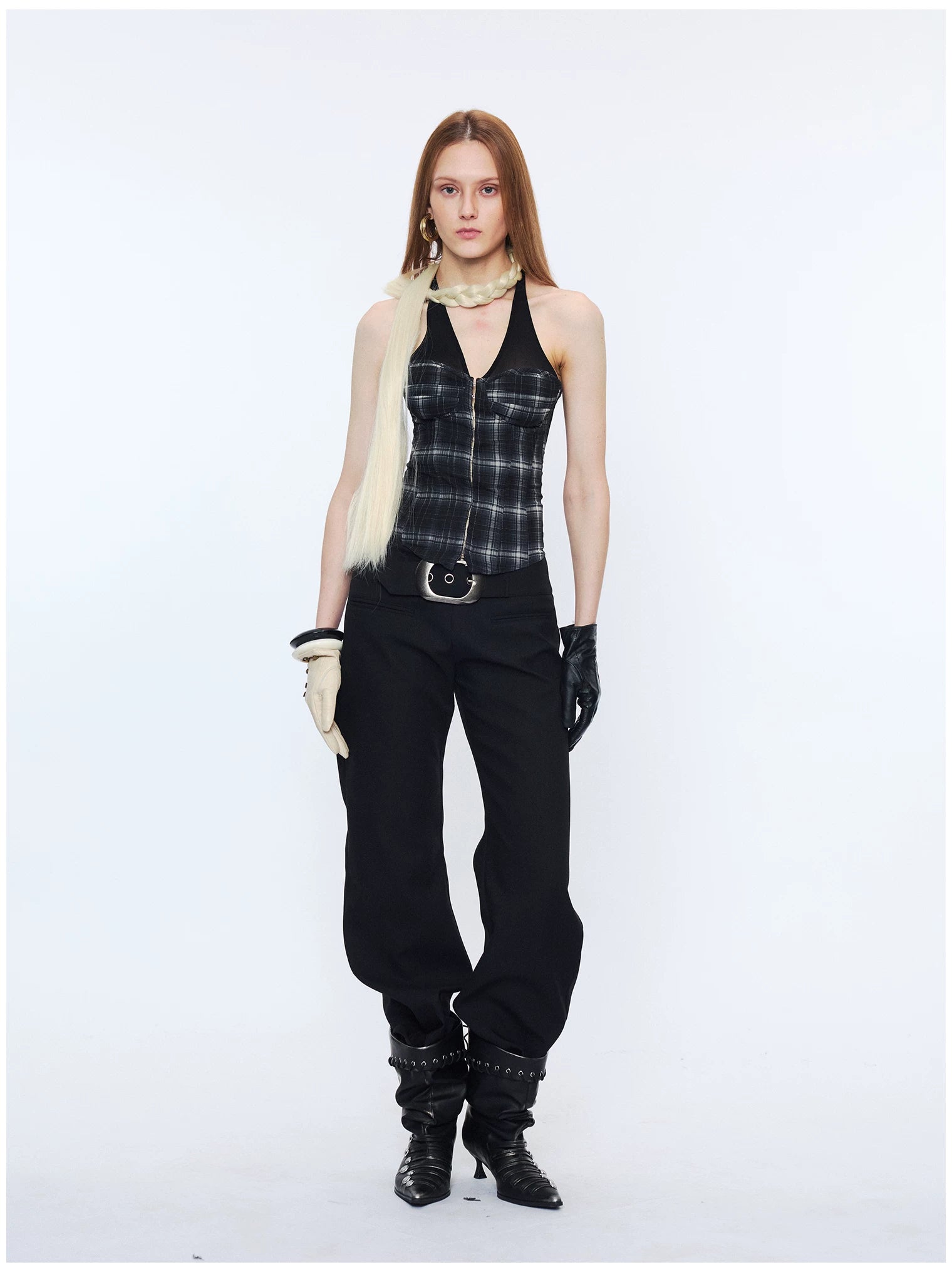 Plaid Mesh Panel Halter Corset