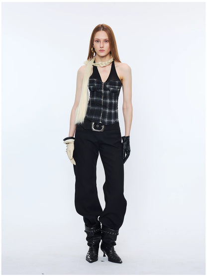 Plaid Mesh Panel Halter Corset