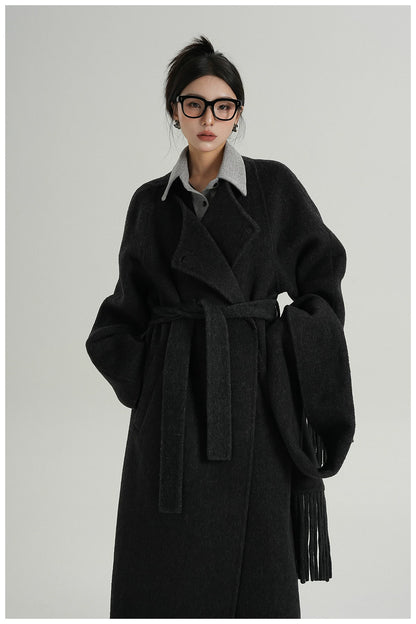 Fringe-Detail Wool Scarf-Style Long Coat