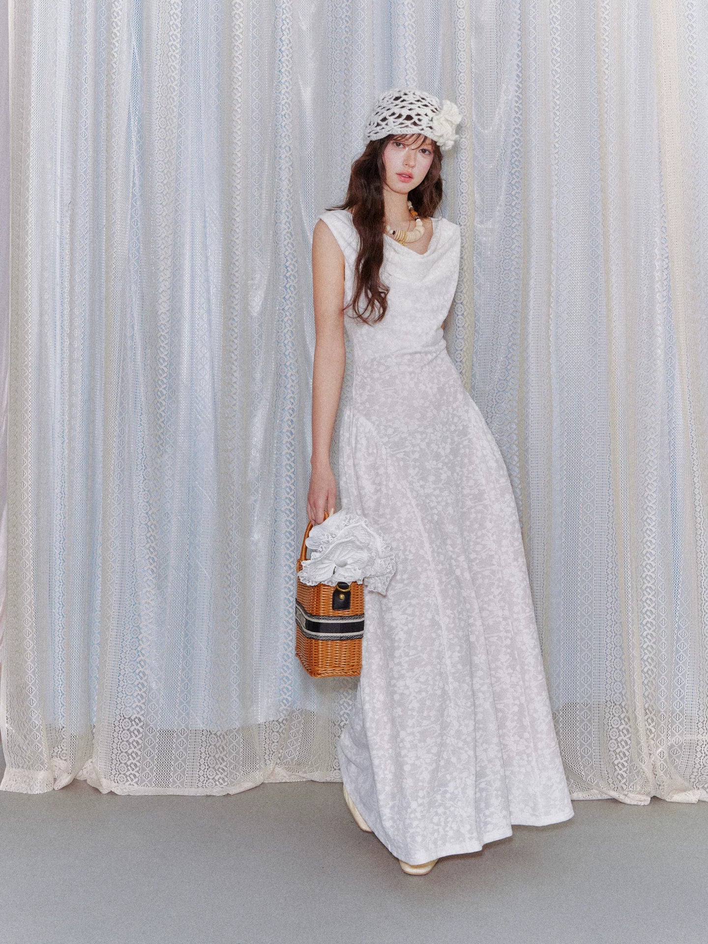 Lace Jacquard Waist-Cinched Maxi Dress