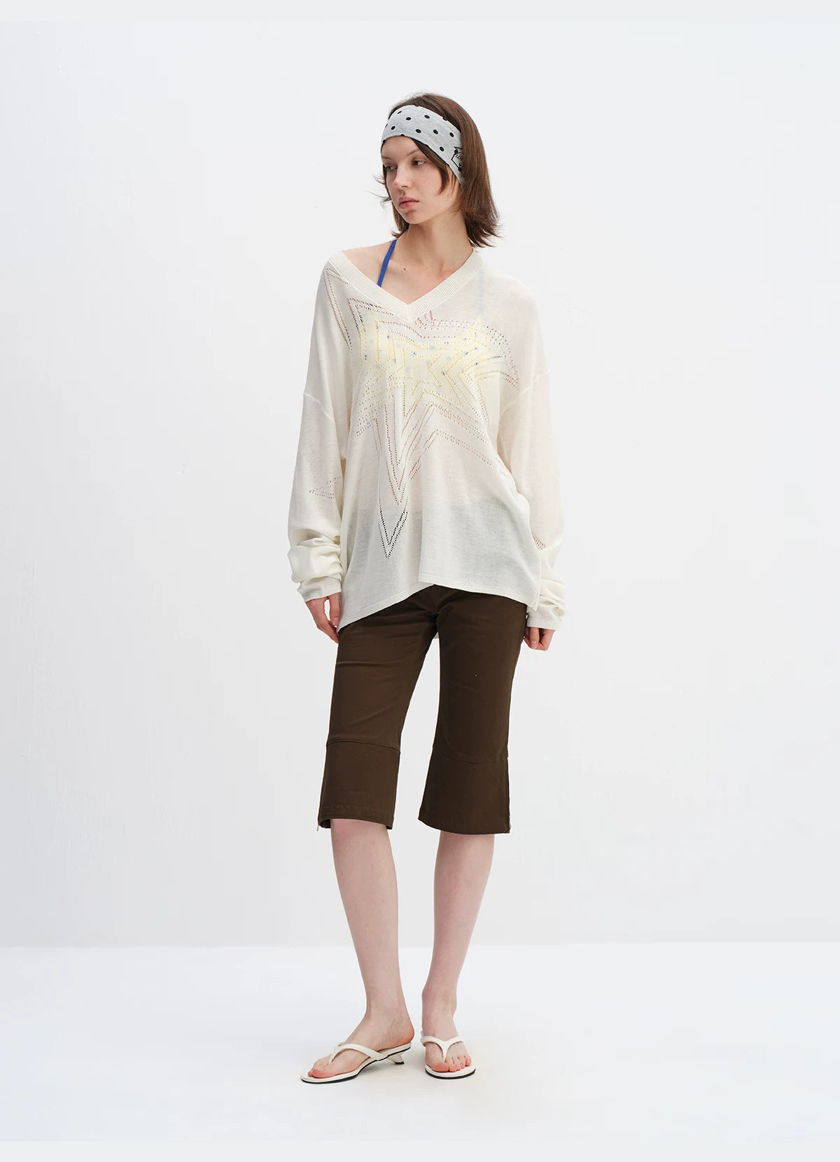 Cotton Hollow Star V-Neck Knit Cardigan