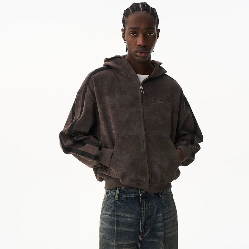 Distressed Vintage Embroidered Plaid Hoodie Jacket