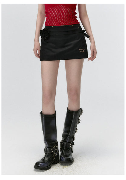 &quot;I LOVE ME&quot; Embroidered Rose Belt A-Line Mini Skirt - CHINASQUAD