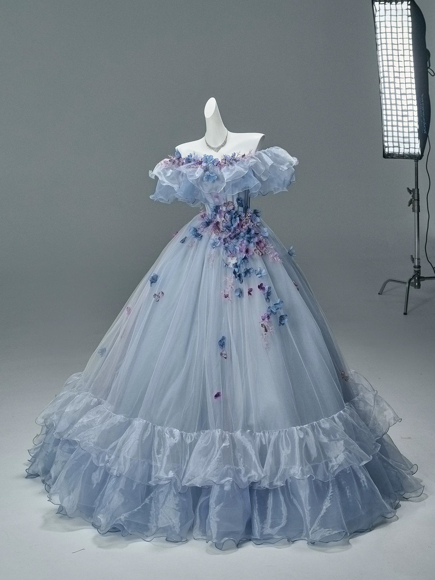Off-Shoulder Floral Appliqué Tulle Couture Gown
