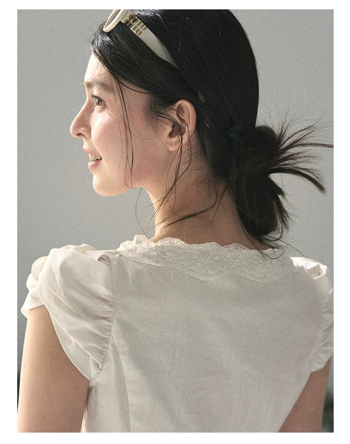 Lace Trim French V-Neck Blouse