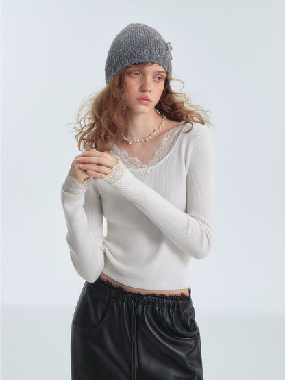 Lace-Trim Base Layer Knit Crewneck