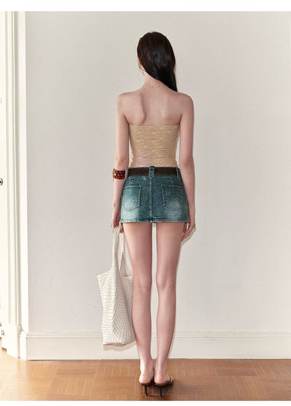 Vintage Washed V-Waist Denim Mini Skirt NeverMore