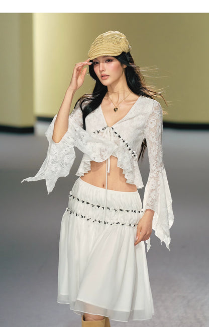 Vintage Sequin Lace V-Neck Blouse&amp; Tulle Skirt Set