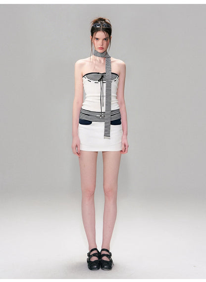 Vintage Contrast Stripe Lace-Up Bandeau Top