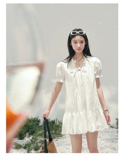 Soft Pleated Puff-Sleeve Mini Dress
