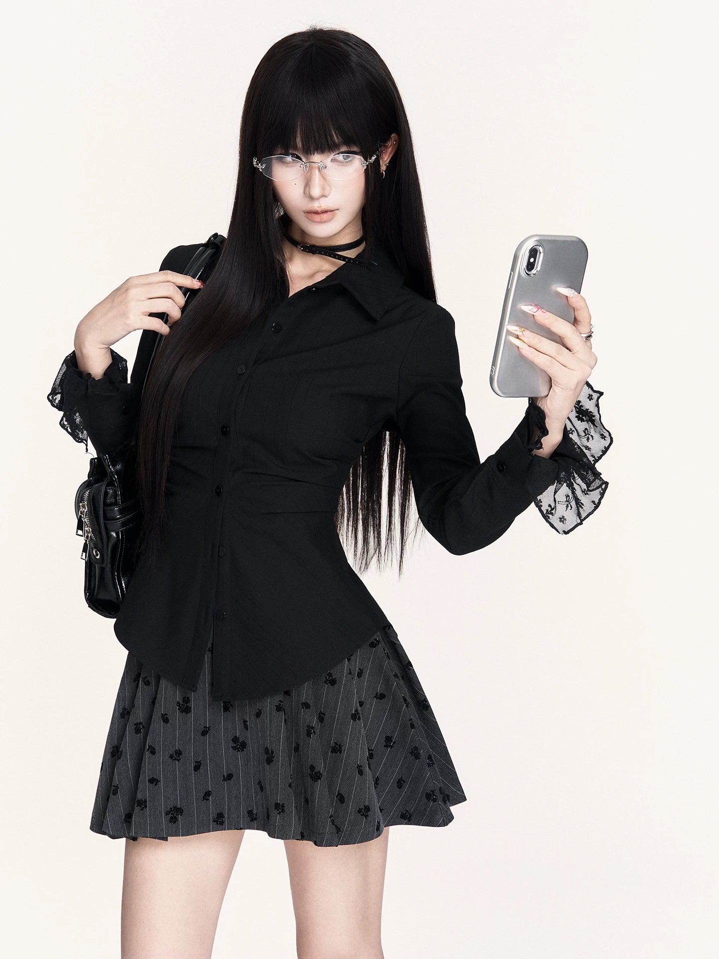 Striped Lace-Panel Waist-Defining Shirt