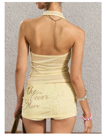 Halter Open-Back Top &amp; Gilded Print Skirt Set