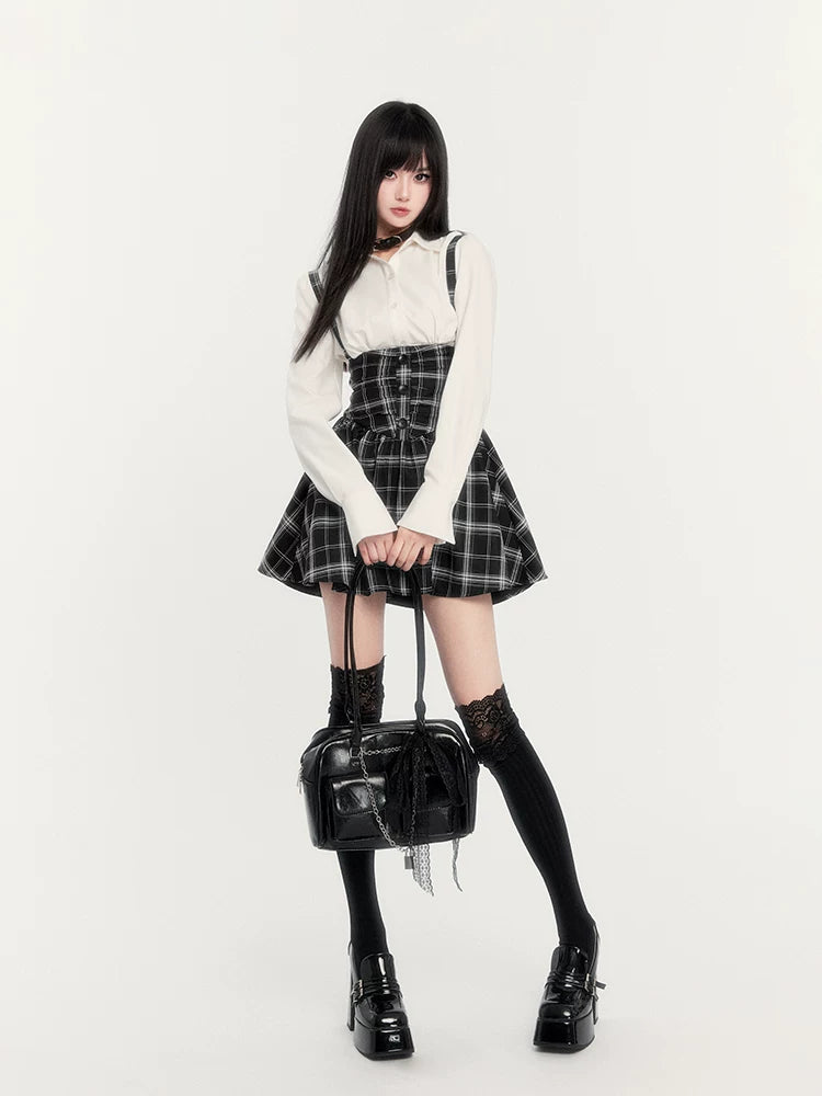 High-Waist Corset Plaid Suspender Skirt