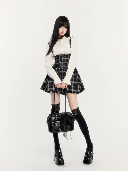 High-Waist Corset Plaid Suspender Skirt