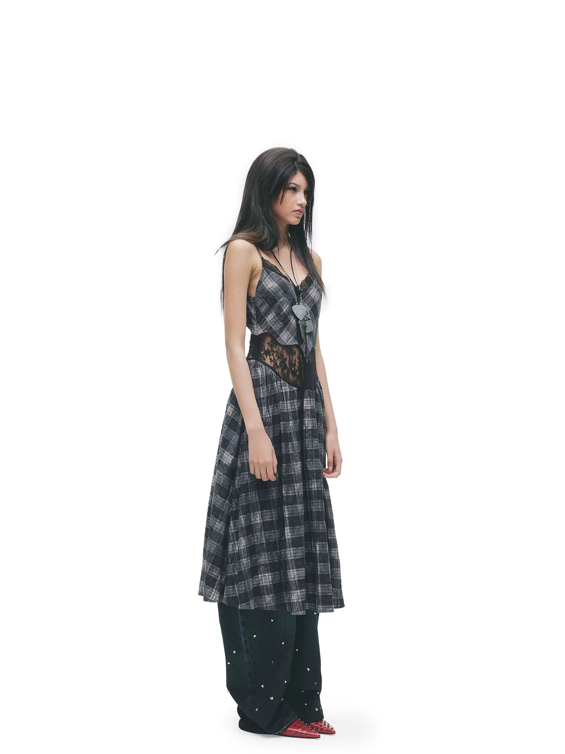 Grunge Plaid Lace Panel Slip Dress
