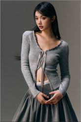 Black & Gray Ribbon Front Shimmer Wool V-neck Cardigan - CHINASQUAD