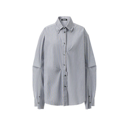 Asymmetric Pleated Stripe Cotton Shirt