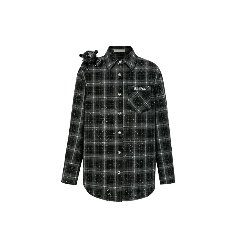 Vintage Plaid Crystal Bear Mid-Length Shirt