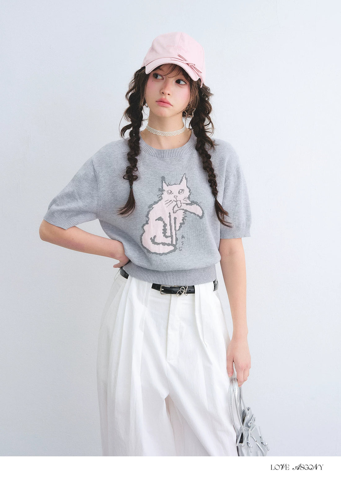 Jacquard Cat Motif Short Sleeve Knit Top