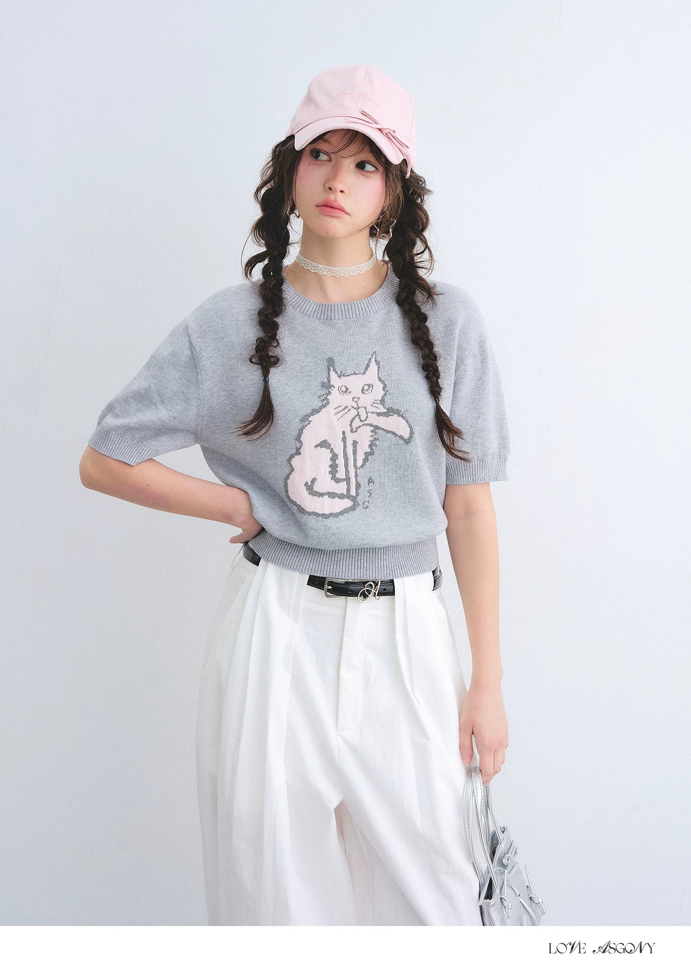 Jacquard Cat Motif Short Sleeve Knit Top