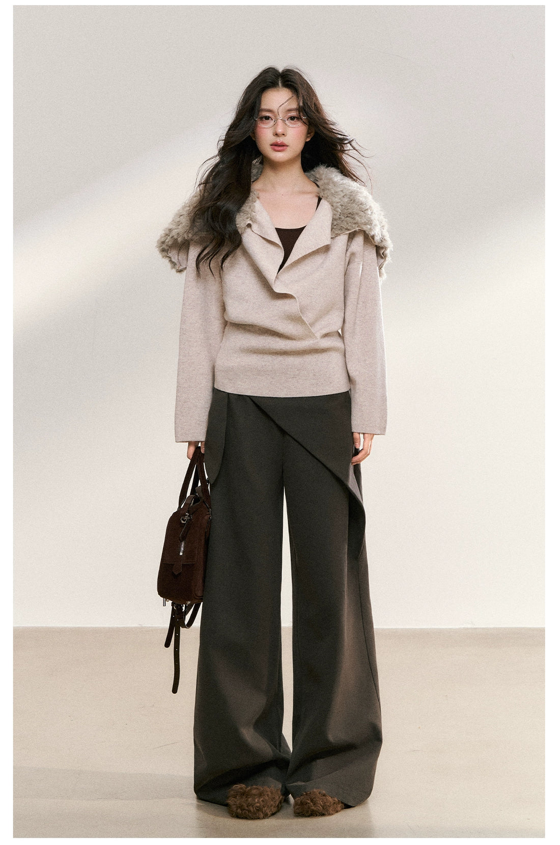 Gray Drape Wide-Leg Asymmetric Trousers