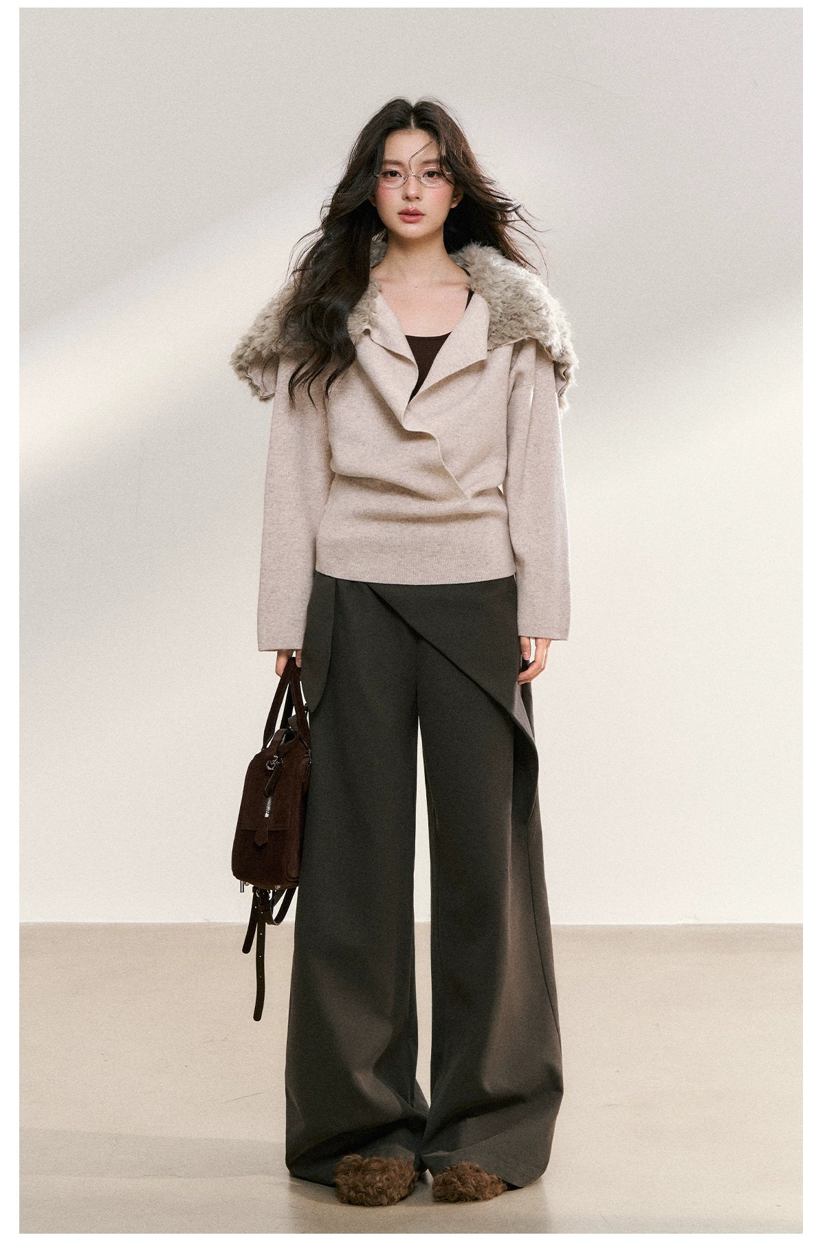 Gray Drape Wide-Leg Asymmetric Trousers