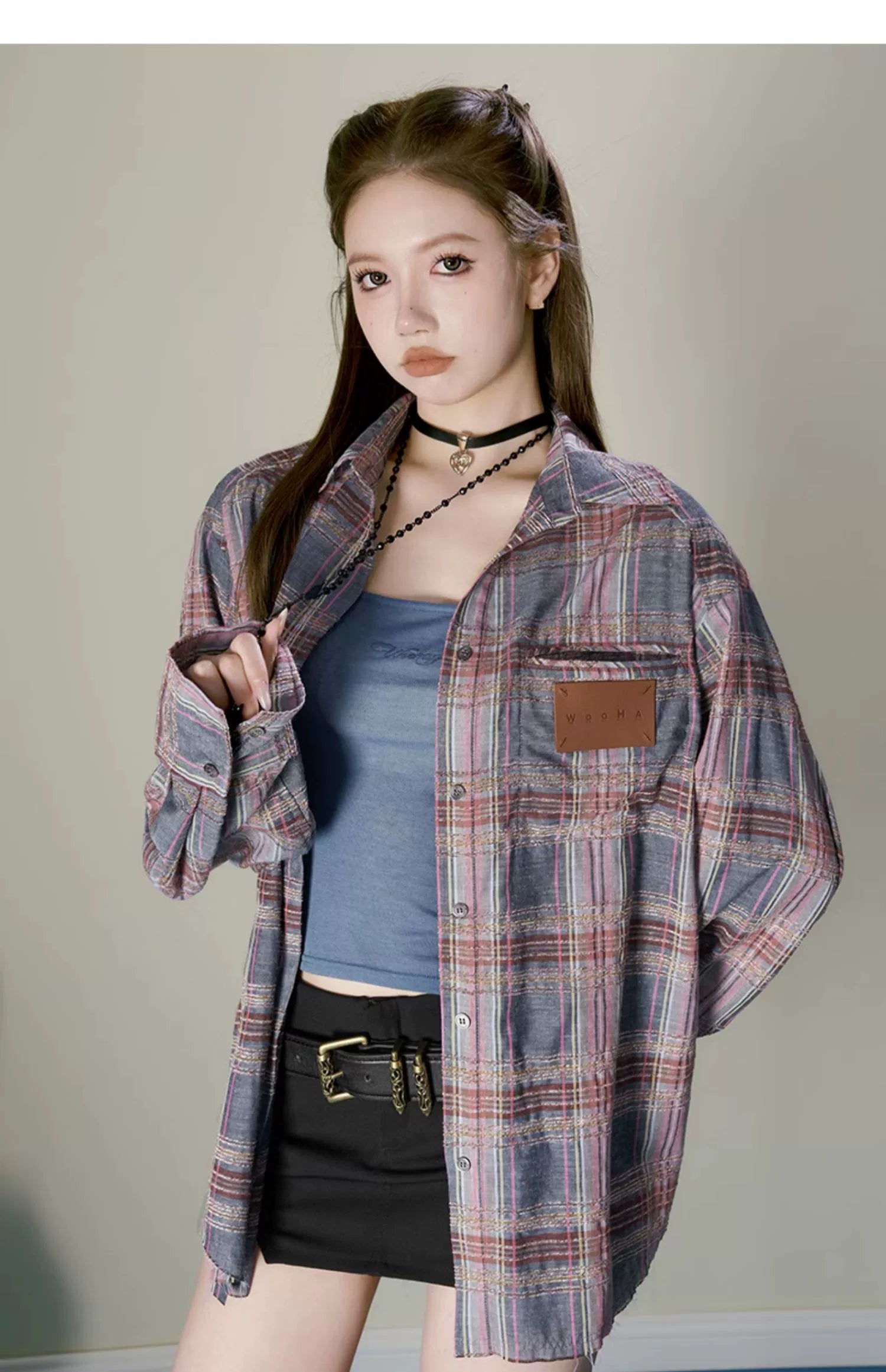 Brown &amp; Blue Plaid Shirt Jacket - CHINASQUAD