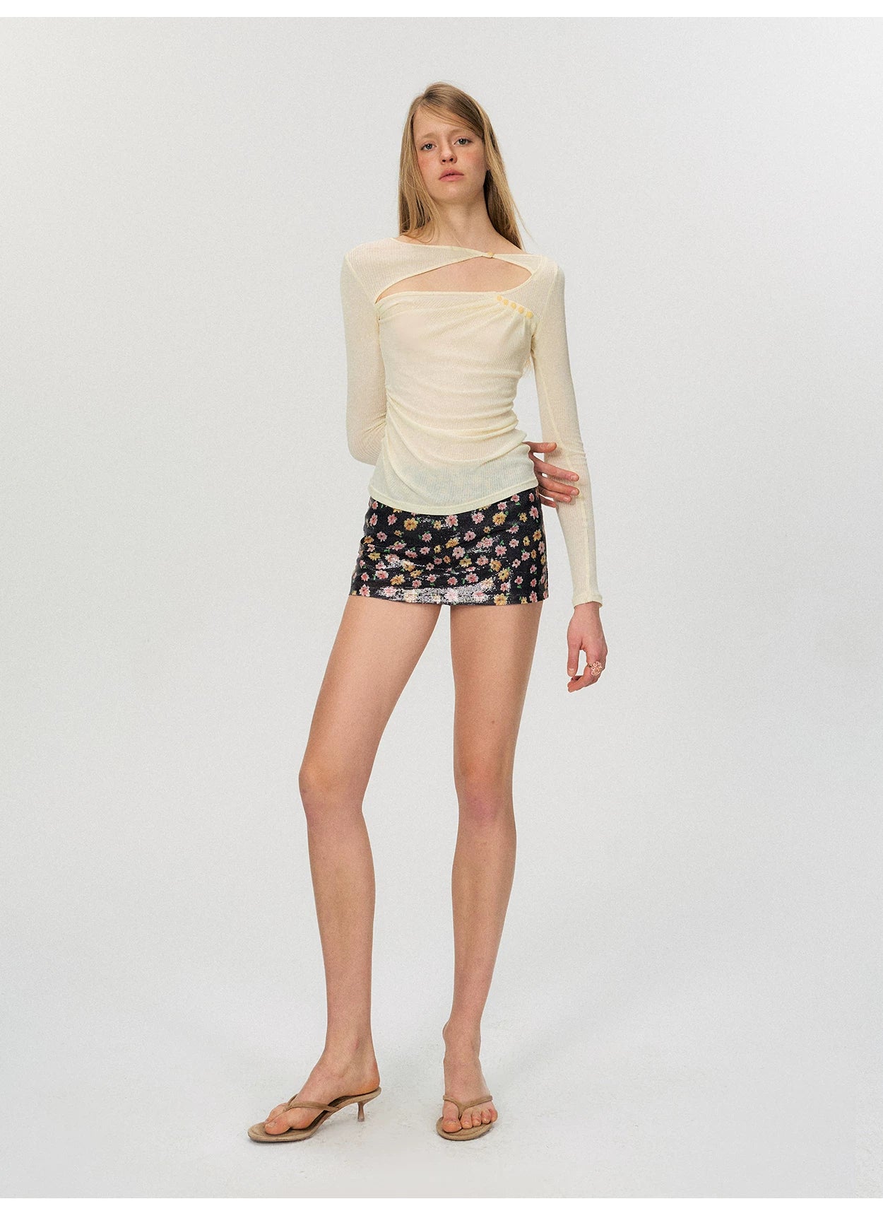 Sheer Textured Cut-Out Long Sleeve Top