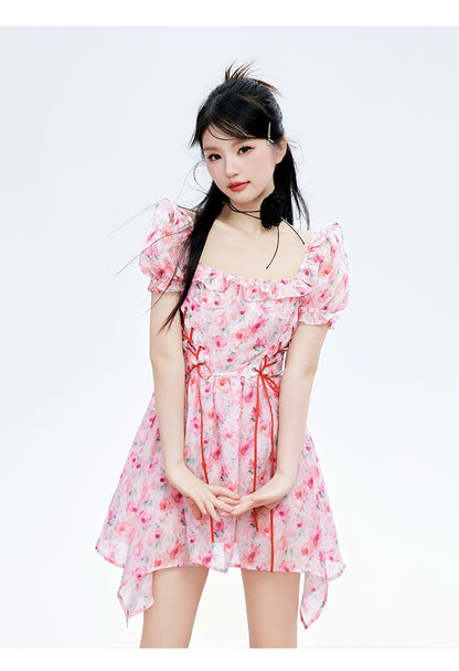 Pink Square-neck Puff Sleeve Floral Dress