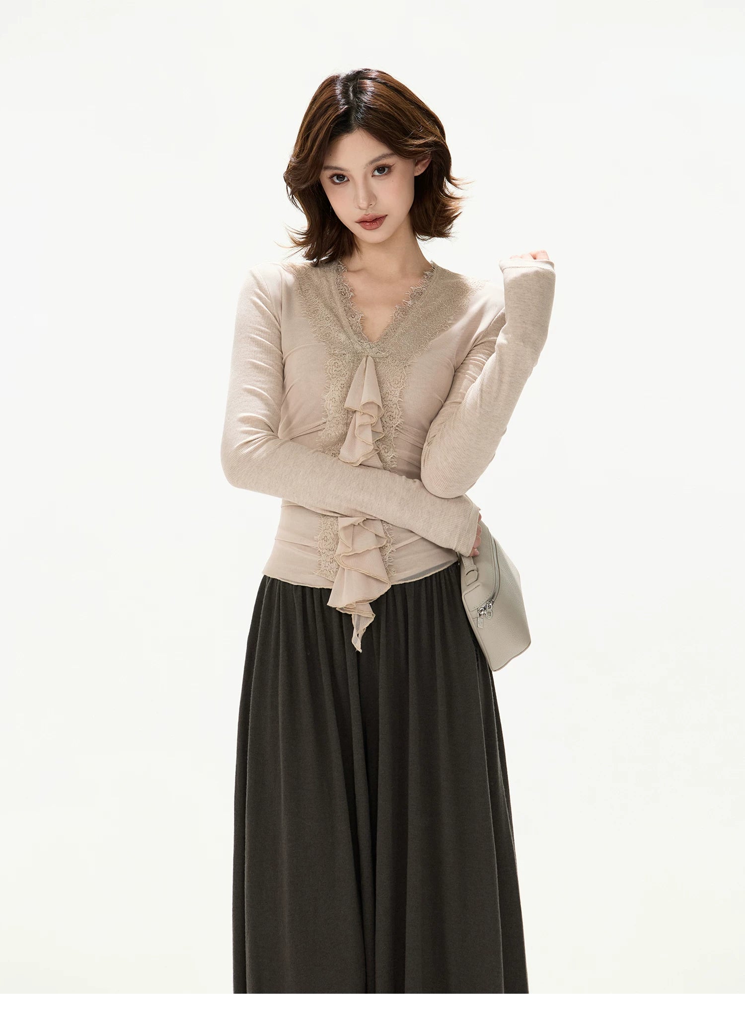 Elegant Lace Ruffle Knit V-Neck Top
