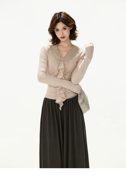 Elegant Lace Ruffle Knit V-Neck Top