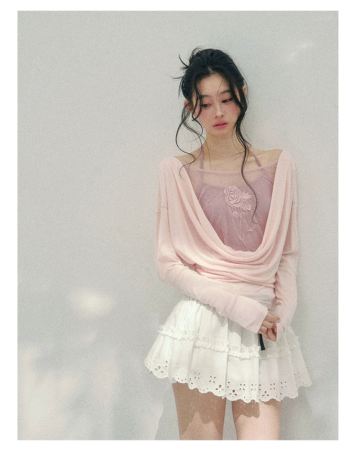 Rose Embroidery Draped Blouse Set